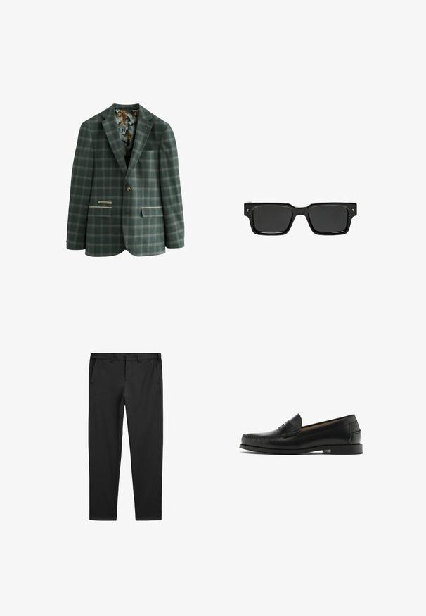 Green checked blazer with a single button, featuring a patterned interior lining with tigers, two front pockets, and a classic lapel.; Black short-sleeve polo shirt with a stand collar and a front zipper. Made of a smooth fabric with a clean, minimalist design.; Black trousers made of smooth fabric, featuring a tailored fit, side pockets, and a clean, straight leg design. No visible patterns or accents.; Black leather loafers with stitched detailing, a rounded toe, and a small block heel. Smooth texture with minimalistic design and slip-on style.; Black rectangular sunglasses with dark lenses, glossy plastic frame, and small signature accents on the temples. Flat profile and sharp corners.