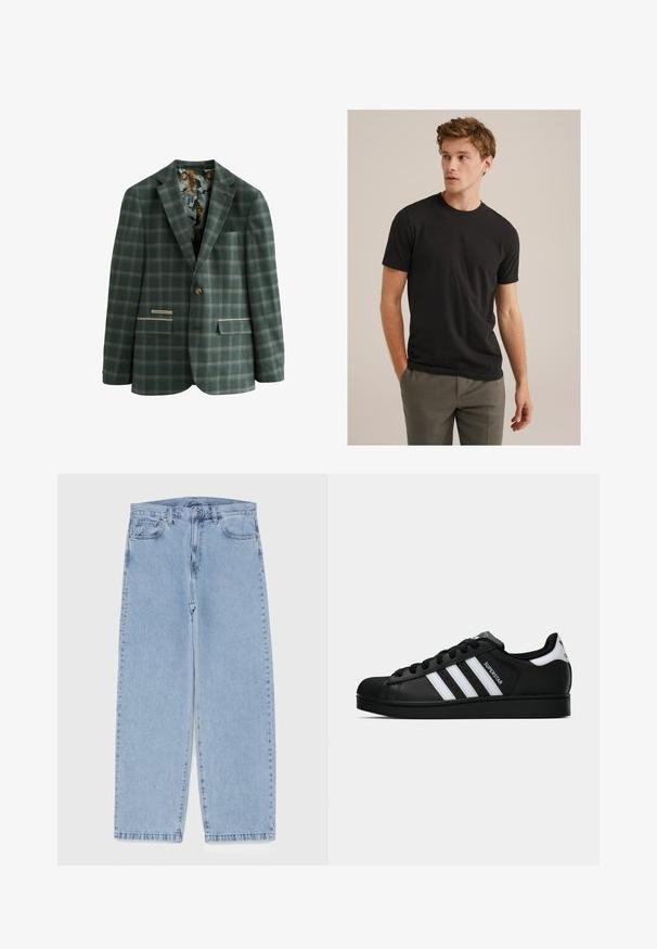 Roheline ruuduline bleiser ühekohalise nupuga, millel on mustriline vooder, kus on tiigerid, kaks esitaskut ja klassikaline krae.; Noor curly helepruunide juustega noormees, kes kannab musta lühikeste varrukatega T-särki ja halli pükse, vaatab vasakule käed taskutes.; Heled sinise denimi sirgete põlvede lõikega teksad, millel on keskmise kõrgusega vöökoht, viis taskut ning nööbid ja tõmblukk.; Mustad musta värvi Adidas Superstar toss, millel on valged triibud, koonuseline varvas ja küljes "Superstar" tekst, esitatud külgvaates valgel taustal.