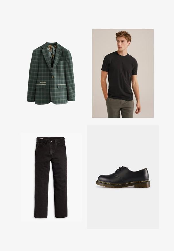 Grün kariertes Sakko mit einem einzigen Knopf, mit einem gefütterten Innenfutter, das mit Tigern gemustert ist, zwei Fronttaschen und einem klassischen Revers.; Junger Mann mit lockigem, hellbraunem Haar, der ein schwarzes T-Shirt mit kurzen Ärmeln und graue Hosen trägt. Er schaut nach links und hat die Hände in den Taschen.; Schwarze gerade Jeans aus Denim mit fünf Taschen, Knopfverschluss und Gürtelschlaufen, flach auf einem weißen Hintergrund ausgelegt.; Schwarzer Lederschuh mit abgerundeter Zehenpartie, Schnürdesign, gelbe Stickerei entlang der Sohle und einer kräftigen, strukturierten Gummisohle.