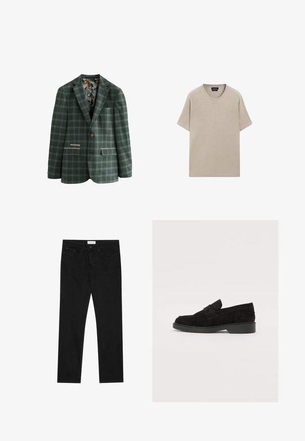 Grün kariertes Sakko mit einem einzigen Knopf, mit einem gefütterten Innenfutter, das mit Tigern gemustert ist, zwei Fronttaschen und einem klassischen Revers.; Beige Baumwoll-T-Shirt mit rundem Halsausschnitt, kurzen Ärmeln und lockerer Passform. Glatte Textur mit schlichtem Design, keine sichtbaren Muster oder Akzente.; Schwarze gerade Jeans mit Fünf-Taschen-Design, Knopf- und Reißverschluss, und einem Pier One-Label am Bund.; Schwarze Wildleder-Slipper mit niedrigem Absatz, ausgestattet mit einem einfachen Band über dem Obermaterial und texturierten Details an den Seiten.