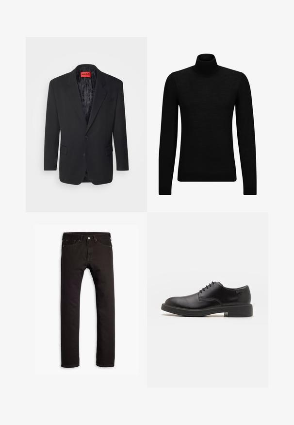 Czarna marynarka wykonana z gładkiego materiału, z zapięciem na jeden guzik, klapami w stylu notched, dwiema przednimi kieszeniami oraz wzorzystą podszewką.; Czarny sweter z golfem wykonany z miękkiego materiału, z długimi rękawami i dopasowanym krojem. Żebrowane wykończenie na dolnym brzegu i mankietach. Prosty design.; Czarne dżinsy slim fit z pięcioma kieszeniami i zapięciem na guzik, wyłożone płasko na białym tle.; Czarny skórzany but za kostkę z okrągłym noskiem, gładką fakturą, minimalnym przeszyciem i niskim gumowym obcasem. Logo na pięcie.