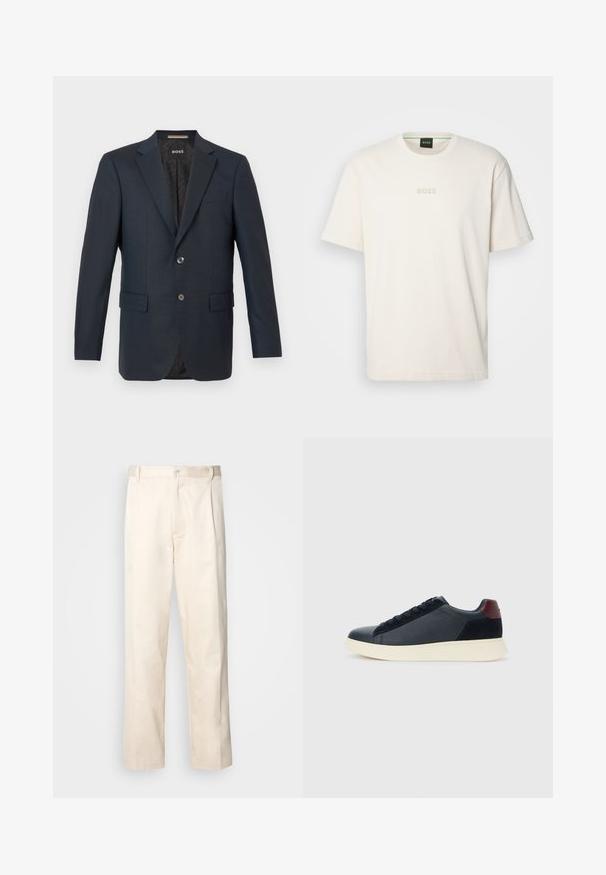 Mornarica sako izrađena od teksturiranog materijala, s dvostrukim kopčanjem, reverima s uskog vrha i dva prednja džepa s suptilnim uzorkom unutar.; BOSS TEE - Osnovna majica kratkih rukava - open white; Bežaste pamučne hlače ravnog kroja s kopčanjem na dugme i plisiranjima sprijeda za dodatni detalj.; Niske muške tenisice od crne kože i antilopa s bordo petnom oznakom i bijelim gumenim potplatom, prikazane s vanjske strane.