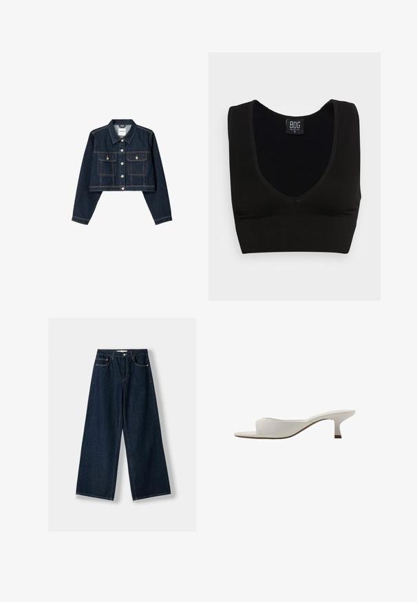 Bershka CROPPED - Jakna iz džinsa - royal blue; Črna rebrasta kratka majica z širokimi naramnicami in globokim V-izrezom. Oznaka pravi "BDG," velikost S, z gladko teksturo in prilegajočim dizajnom.; Temno modri široki jeans iz denima. Ima pet žepov, zaponko na gumbi in zadrgo ter detajle s kontrastnim šivanjem.; Bele odprte mule bele barve s ukrivljeno zasnovo, nizko peto, gladko teksturo in subtilnim šivanim vzorcem. Rjava akcenta na osnovi pete.