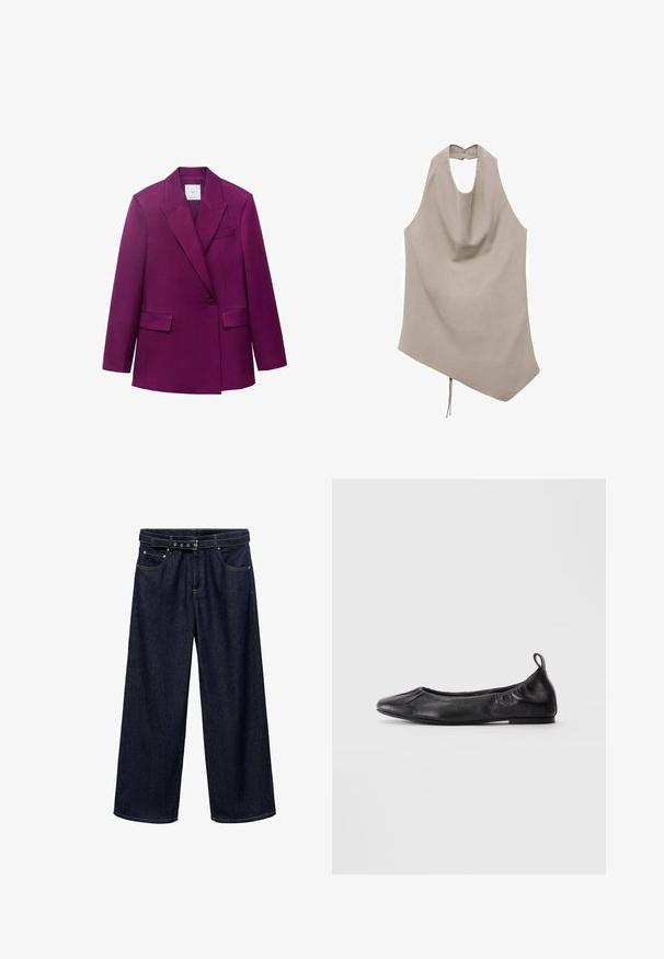 Purple tailored blazer with notched lapels, single button closure, two front pockets, and smooth texture.; Asymmetrical beige top made of smooth fabric, features a halter neck, draped front, and back button closure with a tie detail at the hem.; Dark blue wide-leg jeans made of denim. Features a belted waistband with multiple buttons, front pockets, and a clean finish at the hems.; Black leather ballet flat with rounded toe, gathered elastic sides, and a pull tab at the heel, displayed on a light background.