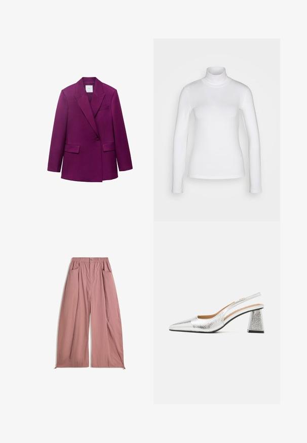 Purple tailored blazer with notched lapels, single button closure, two front pockets, and smooth texture.; White long-sleeve turtleneck shirt made from a smooth, stretchy fabric. Features a snug fit and a high collar. No visible patterns or accents.; Loose-fitting, high-waisted pants in soft rose pink fabric. Features elastic waistband, two side pockets, and a smooth, textured finish.; Silver slingback pump with a pointed toe, textural metallic finish, and a triangular block heel. Interior features brown leather details.