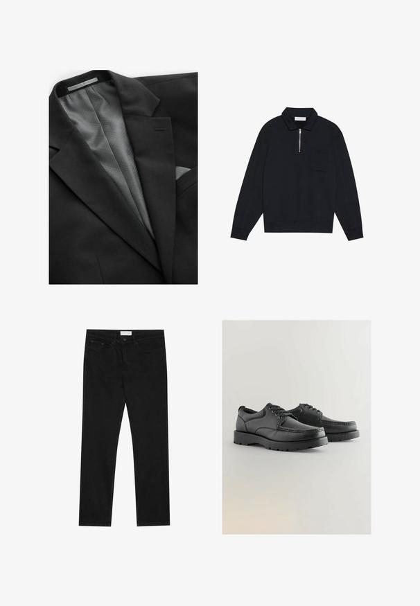 Schwarze Sakkojacke mit glatter Außenseite, ausgestattet mit einer geometrisch gemusterten grauen Futter, einer einzigen Brusttasche und dezenten Revers.; Pier One Sweatshirt - black; Schwarze gerade Jeans mit Fünf-Taschen-Design, Knopf- und Reißverschluss, und einem Pier One-Label am Bund.; Schwarze Lederschuhe mit strukturiertem Obermaterial, runder Spitze, Schnürdesign und dicken Gummisohlen mit einem Profil.