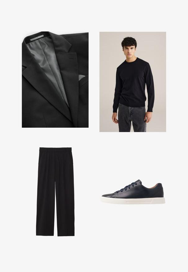 Chaqueta de traje negra con un exterior liso, que cuenta con un forro gris de patrón geométrico, un bolsillo en el pecho y solapas discretas.; Suéter negro de algodón de cuello redondo con mangas largas, puños y dobladillo acanalados; combinado con jeans grises. Diseño simple y ajustado sin patrones.; Joven con cabello rizado castaño claro, vistiendo una camiseta negra de manga corta y pantalones grises, mirando hacia su izquierda con las manos en los bolsillos.; Pantalones de pierna ancha negros con frente plisado, bolsillos laterales y una textura de tela suave. Diseñados para un ajuste relajado.; Zapatillas de cuero azul marino con un acabado suave, suela plana de goma blanca, puntera redonda y seis cordones azul marino pasados por ojales redondos.