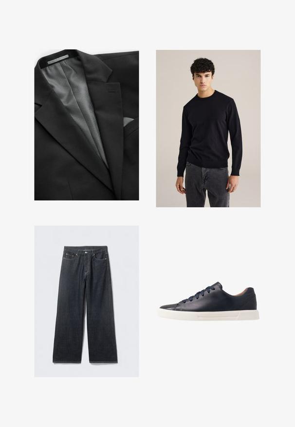 Schwarze Sakkojacke mit glatter Außenseite, ausgestattet mit einer geometrisch gemusterten grauen Futter, einer einzigen Brusttasche und dezenten Revers.; Schwarzer Baumwollpullover mit Rundhalsausschnitt und langen Ärmeln, gerippten Bündchen und Saum; kombiniert mit grauen Jeans. Schlichtes, figurnahes Design ohne Muster.; Junger Mann mit lockigem, hellbraunem Haar, der ein schwarzes T-Shirt mit kurzen Ärmeln und graue Hosen trägt. Er schaut nach links und hat die Hände in den Taschen.; Dunkelblaue, weite Jeans mit hoher Taille, ausgestattet mit Kupfernieten und Kontrastnähten, glatter Textur und ohne sichtbare Muster.; Marineblaue Ledersneaker mit glatter Oberfläche, flacher weißer Gummisohle, runder Zehenpartie und sechs marineblauen Schnürsenkeln, die durch runde Ösen gefädelt sind.