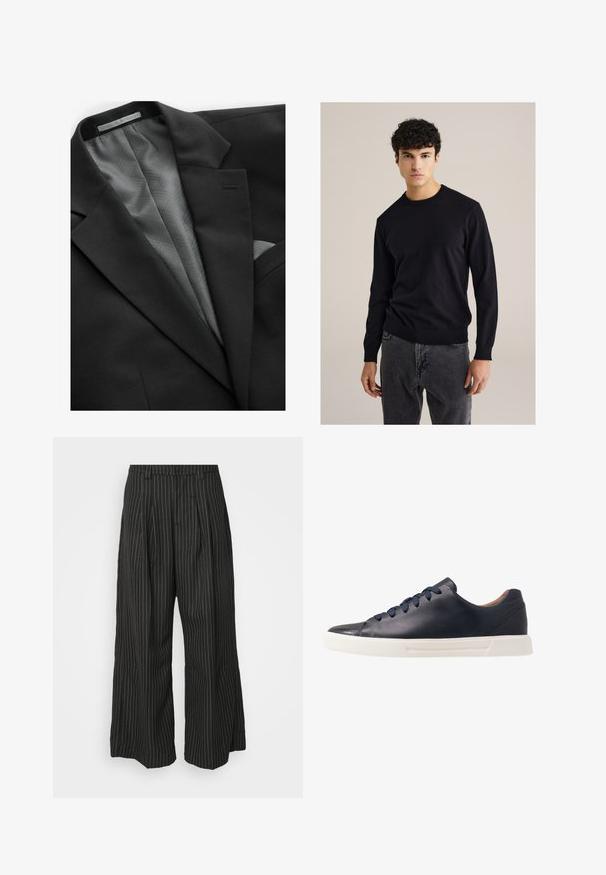 Giacca nera con un esterno liscio, caratterizzata da una fodera grigia a motivo geometrico, un taschino sul petto e revers discreti.; Maglione girocollo in cotone nero con maniche lunghe, polsini e fondo a coste; abbinato a jeans grigi. Design semplice e aderente senza motivi.; Giovane uomo con capelli ricci di castano chiaro che indossa una t-shirt nera a maniche corte e pantaloni grigi, che guarda verso sinistra con le mani nelle tasche.; Pantaloni a gamba larga neri a righe con pieghe, caratterizzati da un design sartoriale e una texture morbida. Nessun hardware o decorazione visibile.; Sneakers in pelle blu navy con finitura liscia, suola piatta in gomma bianca, punta rotonda e sei lacci blu navy infilati attraverso occhielli rotondi.