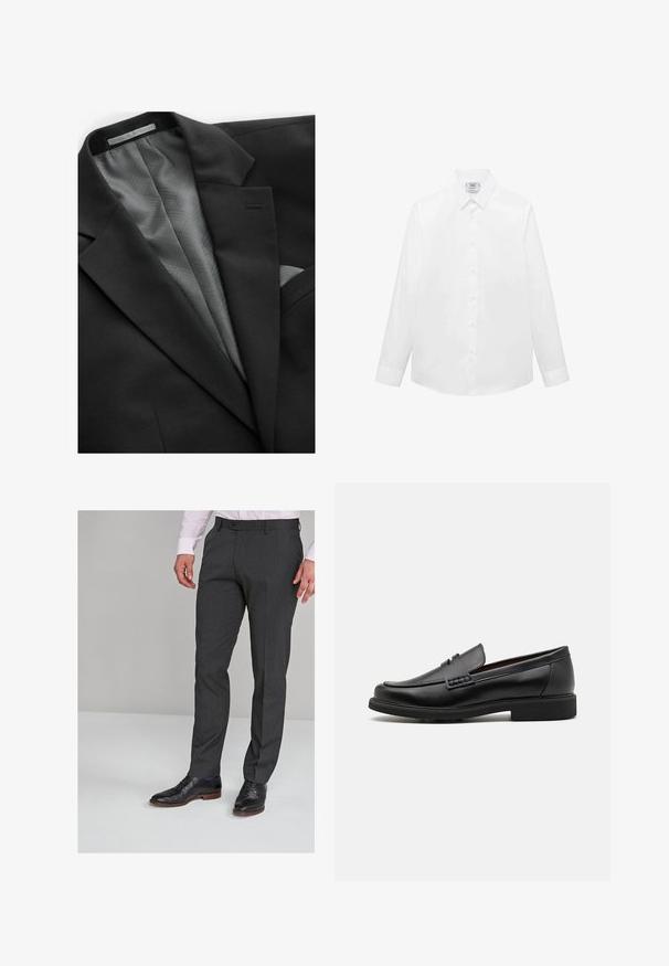 Zwarte blazer met een gladde buitenkant, voorzien van een geometrisch patroon in grijs aan de binnenkant, een enkele borstzak en onopvallende revers.; Witte langlopende shirt met lange mouwen, gemaakt van gladde stof, met een klassieke kraag, knoopsluiting en een gebogen zoom. Minimalistisch ontwerp zonder patronen.; Grijze op maat gemaakte broeken met een gladde textuur, voorzien van een vlakke voorkant en riemlussen, gecombineerd met zwarte dresschoenen.; Zwarte synthetische loafers met een opvallende gestikte voorkant, gevoerde binnenzool en platte rubberen buitenzool; slank ontwerp met minimale details.