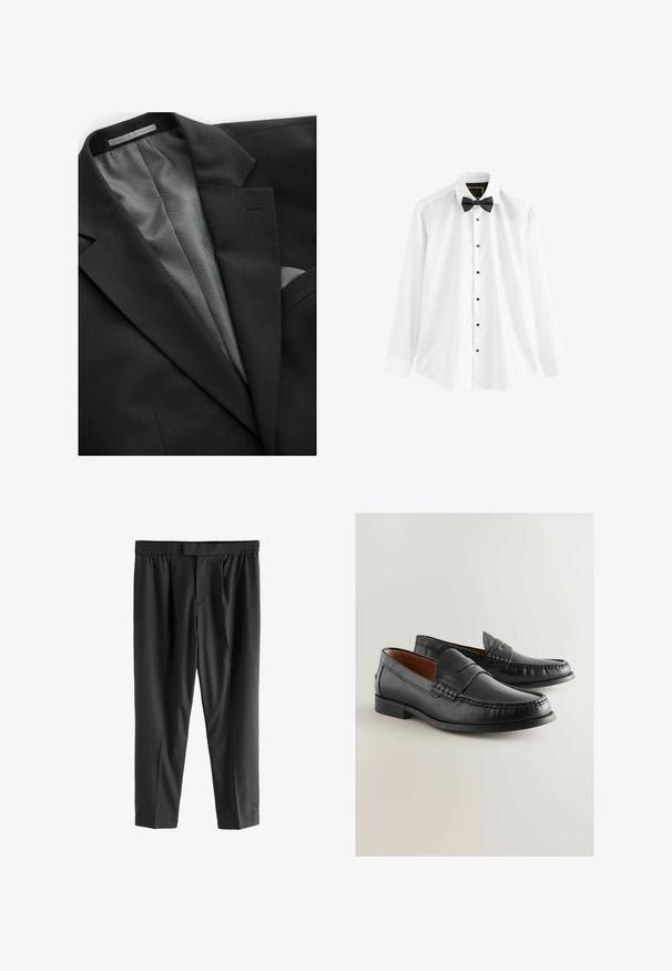 Must mustrakk musttoor, mis on sile välimus, geomeetrilise mustriga hall vooder, ühe rinnatasku ja tagasihoidlikud kraed.; Valge puuvillane särk, millel on pikad varrukad, must nööpkrae ja mustad nupud ees.; Next REGULAR FIT -CHECK SMART - Chino-püksid - black; Musta nahast loafers sileda tekstuuriga, mokassiini stiilis õmblustega ja madala virna kontsaga. Omab dekoratiivset ülemist rihma detaili.