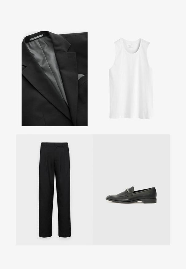 Must mustrakk musttoor, mis on sile välimus, geomeetrilise mustriga hall vooder, ühe rinnatasku ja tagasihoidlikud kraed.; Valge ilma varrukateta puuvillane särk. Omab ümmargust kaelaauku ja sirget helerooga, regulaarse lõikega ning ilma mustrite või kaunistusteta.; Mustad mustadest riietest, millel on sirge jalgade disain, kaks eesmist voltimist ja tavaline vöökoht, millel on vöökohad.; Must haveate nahkking punased, millel on sile viimistlus, tikitud muster ja dekoratiivne metallkett vampi üle. Tasane konts.