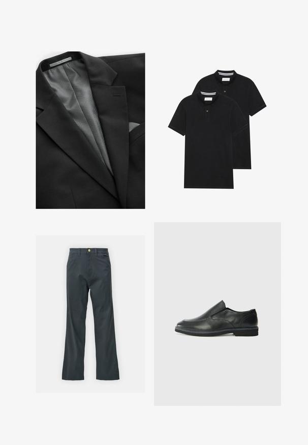 Giacca nera con un esterno liscio, caratterizzata da una fodera grigia a motivo geometrico, un taschino sul petto e revers discreti.; Due magliette polo nere, con maniche corte, in cotone, con colletto classico, pattina a due bottoni e dettagli a righe bianche all'interno del colletto.; Pantaloni neri con taglio dritto, realizzati in tessuto misto cotone. Presentano una chiusura con bottone metallico e tasche laterali. Nessun motivo visibile.; Scarpa nera in pelle con inserto scivolare, superiore liscio, dettagli cuciti, punta arrotondata e tacco in gomma basso. La suola presenta un battistrada minimale.