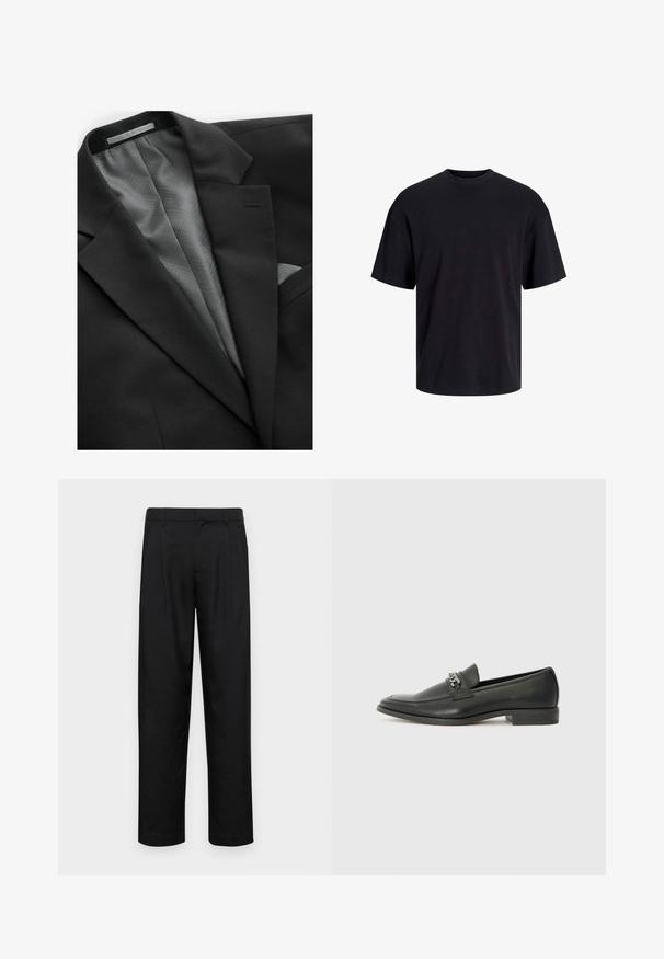 Fekete zakó sima felülettel, geometrikus mintázatú szürke béléssel, egyetlen mellzsebbel és visszafogott hajtókákkal.; Fekete pamut póló, kerek nyakkivágással, rövid ujjú és laza fazonú. Simább anyagú, látható minták vagy díszítések nélkül.; Fekete nadrág sima anyagból, egyenes szárú fazonnal, két elülső redővel és közönséges derékkal, övhurkokkal.; Fekete bőr loaferek sima felülettel, varrott mintával és díszítő fém lánccal a cipő elején. Lapos sarok.