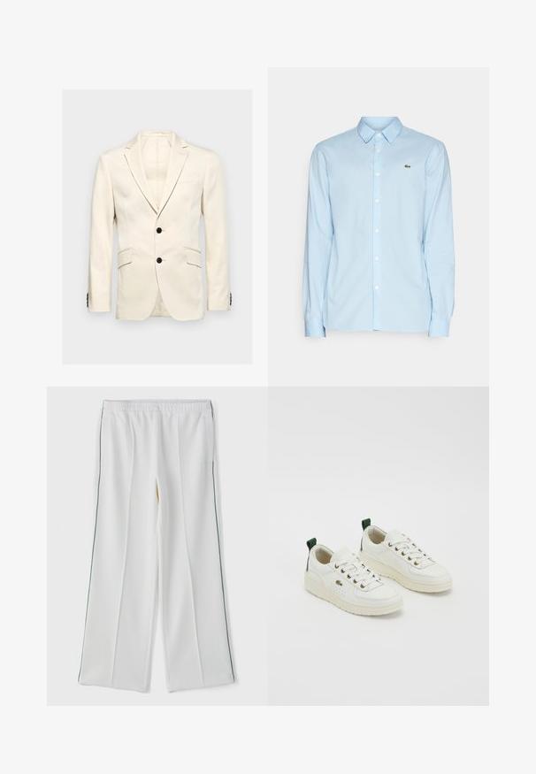 Hackett London STRETCH COTT - Bleizers - ecru white; Gaiši zilas garām piedurknēm krekls, izgatavots no gludas auduma, ar klasisku apkakli, pogu aizdari un mazu zaļu logo uz krūštura.; Baltas, plaša kāja bikses ar elastīgu jostu, ar sānu kabatām un kontrastējošu zaļu apdari gar malām. Gluda auduma tekstūra.; Baltas ādas sporta apavi ar zaļiem akcentiem, saistīties paredzēts dizains, zeltainas acs un teksturēti paneļi. Bieza krēmkrāsas gumijas zole.