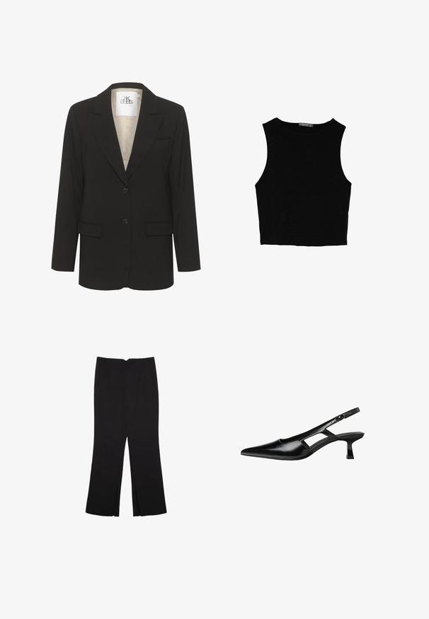 Blazer noir avec un col cranté, design à boutonnière simple, deux poches frontales et deux boutons. L'intérieur présente une doublure couleur crème.; Top court sans manches noir en tissu lisse, avec un col rond et un design épuré, simple, sans motifs ni accessoires.; Pantalon noir avec une coupe droite, doté de poches avant et d'éclairs sur l'ourlet. Fabriqué en tissu doux et lisse. Convient à diverses occasions.; Escarpins slingback en cuir verni noir avec un bout pointu, un design découpé sur les côtés et un petit talon carré. Texture lisse avec des accents minimaux.