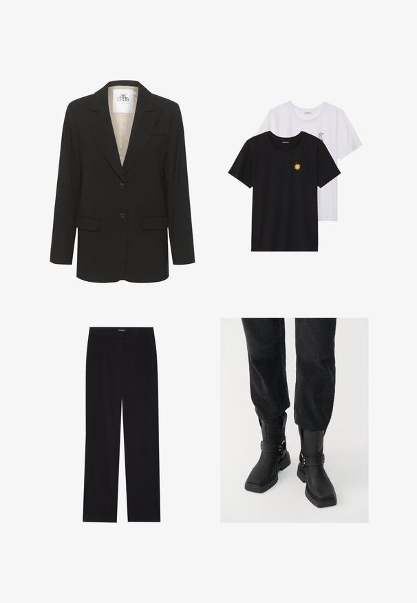 Bluza neagră cu rever ascuțit, design cu un singur buton, două buzunare frontale și două butoane. Interiorul are o căptușeală de culoare crem.; Tricouri alb-negru, cu gât rotund, mâneci scurte. Cămășile negre au broderie cu soare galben; cele albe au un accent cu lună crescută violet.; Pantaloni din cord din culoare neagră, cu croială dreaptă, având un brâu plat și fără buzunare vizibile, textură netedă și detalii cu fante verticale.; Botoșei negri din piele, cu vârful pătrat, având o curea lata și detalii cu cataramă metalică. Botoșii au o talpă masivă și o textură netedă.