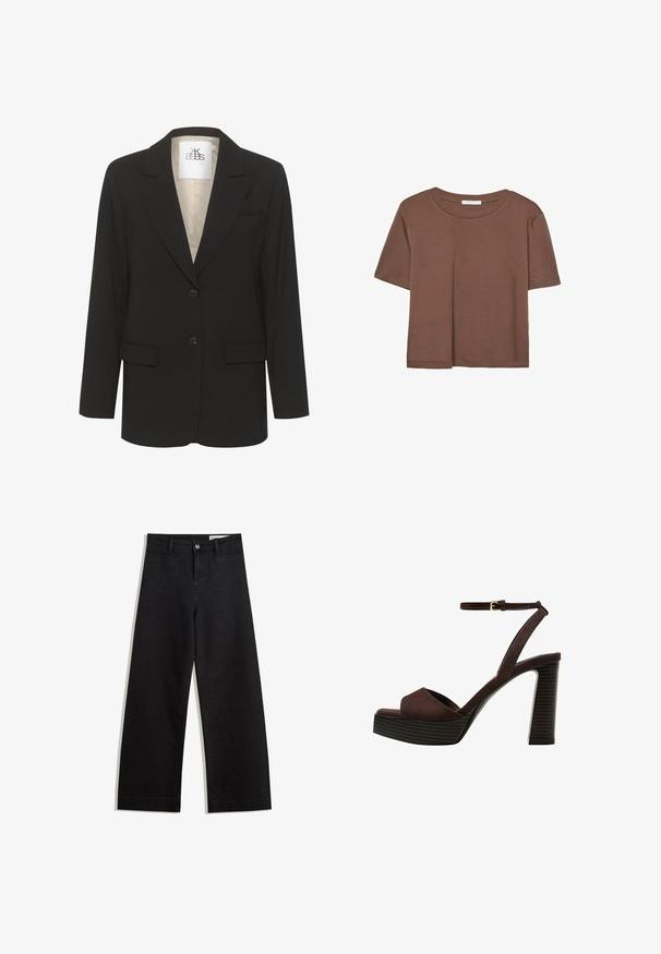Sort blazer med spids klap, enknap design, to forlommer og to knapper. Indersiden har en cremefarvet foer.; Brun kortærmet t-shirt lavet af blødt stof, med rund halsudskæring og afslappet pasform. Ingen synlige mønstre eller detaljer.; Sorte wide-leg denim bukser med høj talje, der har front- og baglommer, syede sømme og en knaplukning. Glat tekstur.; Brune ruskinds højhælede sandal med åben tå, justerbar ankelrem og en stribet plade sål.