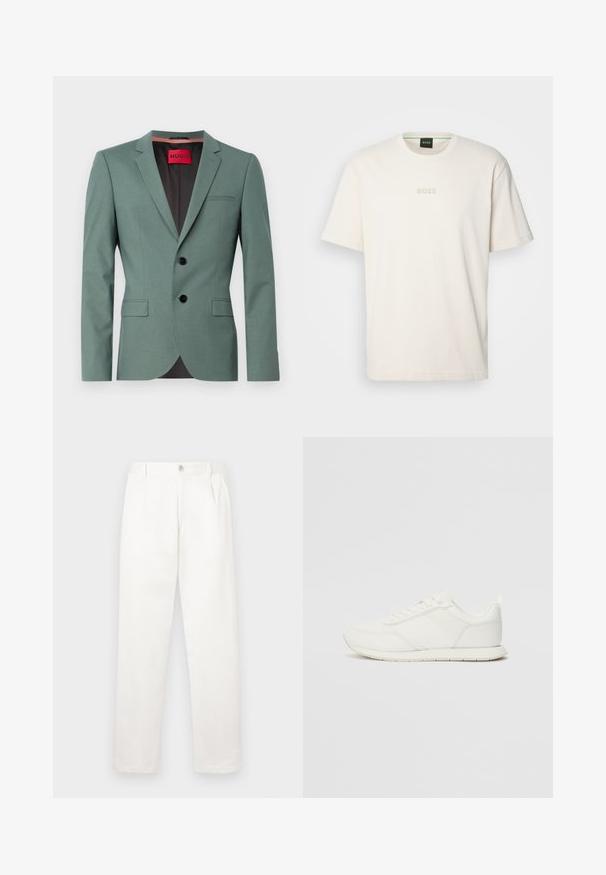 Roheline kohandatud bleiser, mis on valmistatud tekstureeritud kangast, millel on väljavenitatud krae, kaks nööpi ja kaks esi-taskut. Sisesilt punane, millel on "HUGO."; BOSS TEE - Lihtne T-särk - open white; Valged püksid, mis on valmistatud siledast kangast, sirge jala disainiga, ees olevate voldidega ja ühekordse nupuga vöökohtadel.; Valged tennisesid, millel on võrgust ja sünteetilisest materjalist ülemine osa, ümar varvas, lamedad paelad ja tekstureeritud külgmine triip. Kummist tallaosa, tagaküljel tõmbetab.
