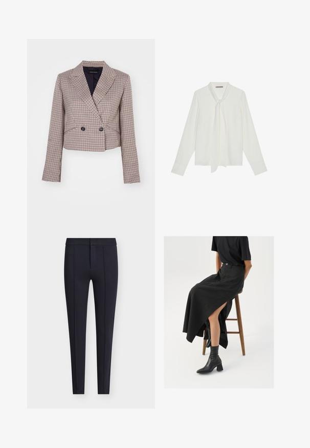 Afkortet blazer i et ternet mønster med en blanding af rød, hvid og marineblå farver. Har en sjalkrave, dobbeltradede knapper og lange ærmer.; Hvid bluse med lange ærmer lavet af glat stof, med en bindebånd ved halsen og skræddersyede manchetter. Enkel, klassisk design uden mønstre.; Marineblå skræddersyede bukser lavet af glat stof, med en tætsiddende silhuet, forreste rynker og en skjult lynlås med knaplukning.; Sort linned maxi-nederdel med en høj slids, båret med en sort t-shirt og sorte ankelstøvler. Minimalistisk design med en afslappet pasform.