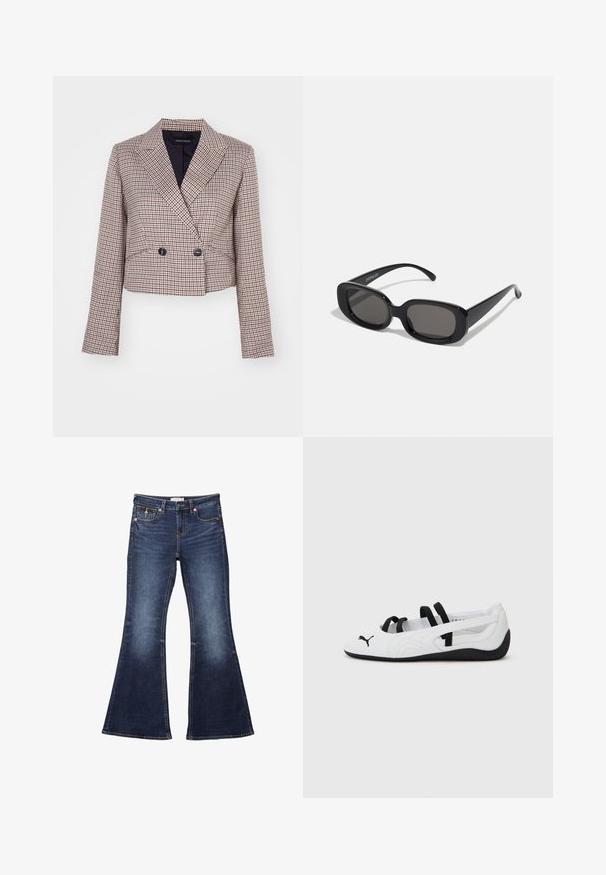 Cropped blazer in a check pattern with a blend of red, white, and navy colors. Features a shawl collar, double-breasted buttons, and long sleeves.; White off-the-shoulder top with ruffled edges, smocked bodice, flared hem, and lightweight fabric featuring a subtle texture.; Dark blue flared jeans with a waistband, five-pocket design, stitching accents, and a smooth denim texture.; White athletic shoes with black accents, featuring a rounded toe, elastic straps, and textured rubber sole. Puma logo on the front.; Black rectangular sunglasses with dark lenses. Thick plastic frame, smooth texture, and rounded edges. Stylish temples extend outward.; Gold sequin drawstring handbag with a circular handle, featuring shiny round sequins and a textured fabric. Dimensions are not provided.