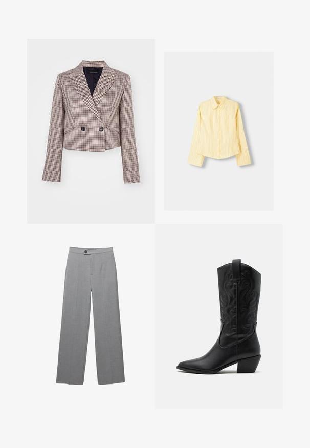 Cropped blazer in a check pattern with a blend of red, white, and navy colors. Features a shawl collar, double-breasted buttons, and long sleeves.; Yellow striped shirt with long sleeves, pointed collar, and front button closure. Features vertical blue stripes and a tailored fit.; Gray tailored trousers with a wide leg, flat front, and subtle texture. Features a single button closure and clean lines.; Black leather cowboy boot with pointed toe, embossed swirling patterns, and a mid-height heel. Features a pull tab for easy wear.