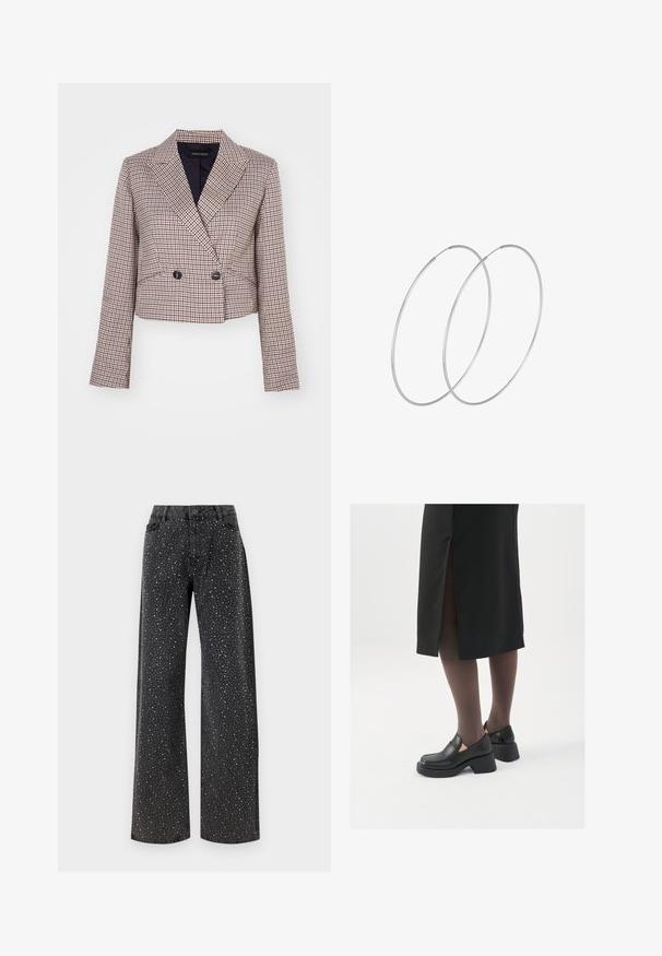Zkrácený blazer v kostkovaném vzoru s kombinací červené, bílé a námořnické modré barvy. Obsahuje šálový límec, dvojité zapínání na knoflíky a dlouhé rukávy.; Černý body s dlouhými rukávy, vyznačující se síťovým výstřihem do V a nařasenými detaily na ramenech. Hladký materiál s přiléhavým střihem.; Noisy May NMJANNEL LOOSE - Džíny Relaxed Fit - black denim; Černé kožené boty s kulatou špičkou, silným blokovým podpatkem a elastickými bočními akcenty, spárované s tmavými punčochami a černou sukní se rozparkem.; Stříbrné kruhové náušnice s minimalistickým designem. Kruh, hladký povrch a tenký profil. Lehká konstrukce s lesklým povrchem.