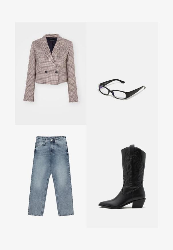 Cropped blazer in a check pattern with a blend of red, white, and navy colors. Features a shawl collar, double-breasted buttons, and long sleeves.; Gray ribbed tank top with a crew neckline, fitted shape, and sleeveless design. Made of soft fabric with a smooth texture.; Light blue denim jeans with a straight leg cut, visible stitching, five pocket design, and a button closure at the waist.; Black leather cowboy boot with pointed toe, embossed swirling patterns, and a mid-height heel. Features a pull tab for easy wear.; Black rectangular glasses with clear lenses. Glossy finish, narrow arms, and purple tint visible at the edges of the lenses.