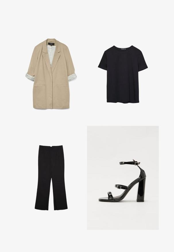 Blazer oversized beige avec une texture douce, deux poches avant et des manches rayées retroussées en crème et bleu clair.; T-shirt en coton noir à manches courtes, col rond, présenté sur un fond blanc.; Pantalon noir avec une coupe droite, doté de poches avant et d'éclairs sur l'ourlet. Fabriqué en tissu doux et lisse. Convient à diverses occasions.; Sandales à talons hauts en cuir verni noir avec deux brides à boucles, bout carré et talon bloc épais, présentant une texture lisse et brillante.