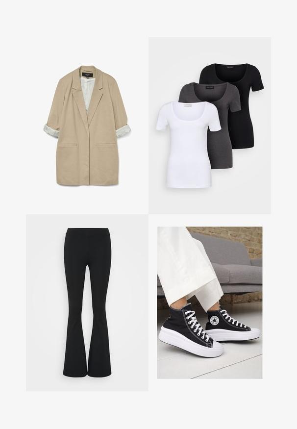 Beige ülemõõduline bleiser pehme tekstuuriga, kahe esi-taskuga ja üleskeeratud triibuliste varrukatega kreemi ja helesinise tooni.; Kolm mugavat T-särki valges, hallis ja mustas värvitoonis. Igal särgil on lai madal kaelus ja lühikesed varrukad. Valmistatud siledast, venivast kangast.; Mustad flared püksid venivast kangast, kõrge vöökoht ja sile tekstuur. Püksid laienevad põlve kohalt.; Mustad musträgiga kõrge vars sneakerid valgete kummist tallade ja paeltega. Küljel on ringikujuline logo ja kontrastne valge õmblus.