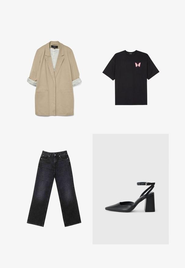 Blazer oversized beige avec une texture douce, deux poches avant et des manches rayées retroussées en crème et bleu clair.; T-shirt en coton noir à manches courtes, avec un petit graphique de papillon rose sur la poitrine gauche. Modèle à col rond avec une coupe décontractée.; Jean en denim noir taille haute avec une coupe large, design à cinq poches et coutures visibles. Le tissu a une finition lisse, légèrement texturée.; Escarpin noir en cuir à bout pointu avec une bride de cheville et un talon épais. Texture lisse, design élégant et esthétique minimaliste.