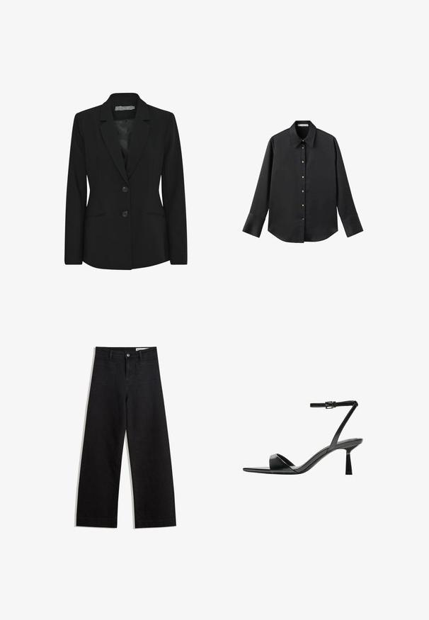 Černé sako se strukturovaným střihem, jednořadým zapínáním, klopami, dvěma předními knoflíky a bočními kapsami. Hladká textilie.; Černá dlouhá rukávová košile z hladkého materiálu, s klasickým límečkem, předním zapínáním na knoflíky ve zlatém tónu a širokými manžetami.; Černé denimové kalhoty s volným střihem a vysokým pasem, vybavené předními a zadními kapsami, prošívanými švy a knoflíkovým zapínáním. Hladká textura.; Bershka Sandály na vysokém podpatku - black