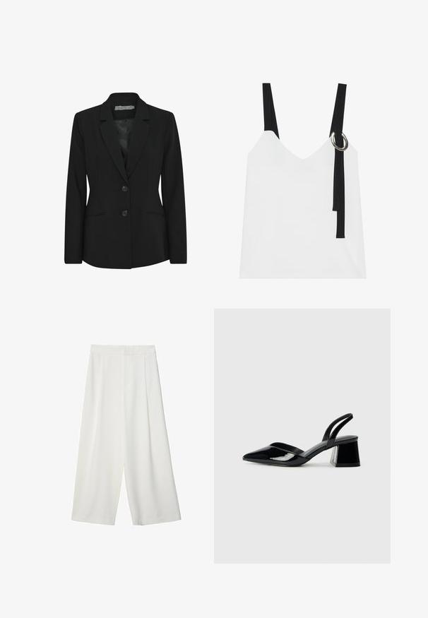 Črn blazer s strukturiranim krojem, enorednim zapenjanjem, zareznimi ovratniki, dvema sprednjima gumboma in stranskima žepoma. Gladka tekstura tkanine.; Bela brezrokavnika s V-izrezom, ki ima črne naramnice in srebrno okrasno obrobo. Gladka tkanina in sodoben, minimalističen dizajn.; Bele široke skrajšane hlače iz gladkega materiala, ki imajo ravno sprednjo stran in nimajo vidnih zapiral ali žepov.; Črne lakirane slingback pete s koničastim nosom in geometrijsko blokasto peto. Imajo eleganten, minimalističen dizajn in gladko teksturo.