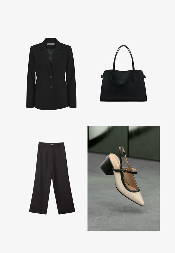 Blazer nero con una vestibilità strutturata, design monopetto, rever a punta, due bottoni frontali e tasche laterali. Texture del tessuto liscia.; T-shirt nera a girocollo realizzata in cotone morbido. Maniche corte, vestibilità rilassata e orlo dritto senza decorazioni né motivi.; Pantaloni neri a gamba larga realizzati in tessuto liscio, con zip frontale e due tasche laterali, dal taglio sartoriale e design minimalista.; Scarpa beige con punta a stivale, con rifiniture nere, fibbia dorata e tacco a blocco spesso su un pavimento grigio con sfondo verde scuro.; Borsa a mano in pelle nera con doppio manico, forma rettangolare e design minimalista su sfondo bianco.
