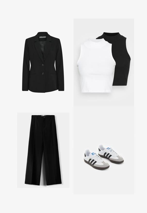 Musta bleiseri, jossa on jämäkkä muotoilu, yksirivinen malli, läpärekaulus, kaksi etunappia ja sivutaskut. Sujuva kankaan tekstuuri.; Kaksi hihattomaa ribattua kauluspaitaa mustana ja valkoisena, joissa on istuva muotoilu ja sileä rakenne, sekä lyhyt pituus.; Mustat leveälahkeiset housut, jotka on valmistettu kevyestä kankaasta. Housuissa on etunappikiinnitys ja tasainen etuosa, sekä huolellisesti ommellut helmat.; Urheilukengät, joissa on valkoinen nahkainen päällinen, harmaa mokkanokka ja kolme mustaa raitaa. Ominaisuuksina sininen logo kielekkeessä ja kuvioitu kumipohja.