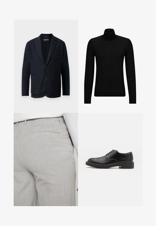 Férfi fekete zakó, hegyes hajtókával, két gombbal, két elülső folt zsebbel és egy mellzsebbel, fehér háttéren bemutatva.; Fekete garbó pulóver puha anyagból, hosszú ujjakkal és szoros fazonnal. Ribbed díszítés az alján és az ujjak végén. Egyszerű dizájn.; Világosszürke, texturált anyagból készült szabott nadrág, egyetlen hátsó zsebbel és tiszta varrással.; Fekete bőrcipő, kerek orrú, sima felületű, minimális varrással és alacsony gumitalppal. Logó a sarokrészen.