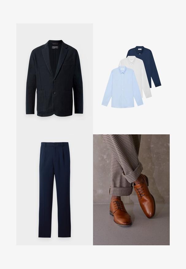 Blazer nero da uomo con rever a punta, due bottoni, due tasche anteriori applicate e una tasca a filetto sul petto, esposto su uno sfondo bianco.; Tre camicie a maniche lunghe: azzurra chiara, bianca e blu navy. Tutte hanno un colletto classico e una chiusura con bottoni, realizzate in tessuto liscio.; Pantaloni blu navy realizzati in tessuto liscio, con chiusura a un bottone, pieghe e gambe dritte. Design minimalista senza motivi di rilievo.; Le scarpe in pelle marrone presentano una punta arrotondata, un design con cinque occhielli per i lacci e lacci scuri a contrasto. I pantaloni sono a scacchi, arrotolati sui polsini.
