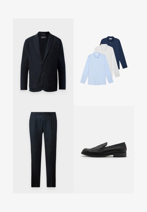 Muški crni sako s odrezanim reverom, dva dugmeta, dva prednja zakrpana džepa i džep za prsa, prikazan na bijeloj pozadini.; Tri dugih rukava: svijetloplava, bijela i tamnoplava. Svi imaju klasični ovratnik i dugmad sprijeda, izrađeni su od glatkog materijala.; Crne krojene hlače od glatkog materijala, s dizajnom uskog kroja, dva prednja nabora i ravnim pojasom bez vidljivih metalnih dijelova.; Crne kožne mokasine s glatkom površinom, zaobljenim vrhom i malim dekorativnim preklopom. Imaju nisku složenu petu i suptilni detalj s brandom.