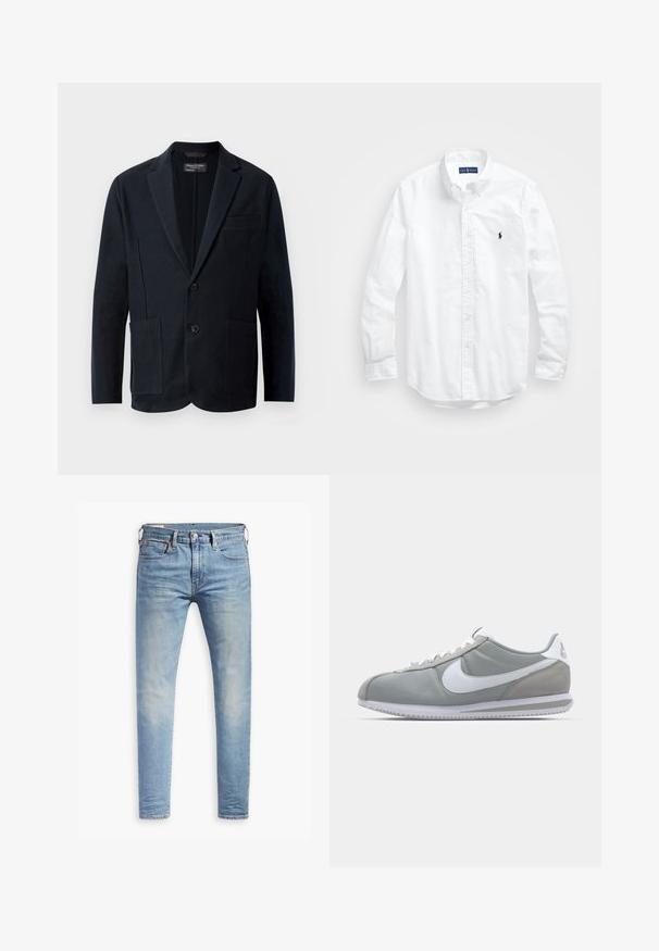 Men’s black blazer with notch lapels, two buttons, two front patch pockets, and a chest welt pocket, displayed on a white background.; White long-sleeve button-up shirt in cotton. Features a classic collar, button cuffs, and a small navy embroidered logo on the chest.; Light blue slim-fit jeans with slight fading on thighs, front button closure, belt loops, and five-pocket styling on a white background.; Gray athletic shoe with a suede and textile upper, white Nike swoosh, and white laces. Features a textured rubber sole and padded collar.