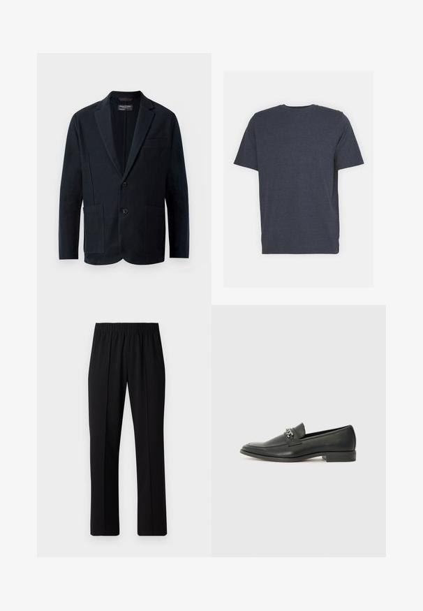 Blazer nero da uomo con rever a punta, due bottoni, due tasche anteriori applicate e una tasca a filetto sul petto, esposto su uno sfondo bianco.; T-shirt a girocollo blu navy realizzato in morbido tessuto misto cotone, con maniche corte e vestibilità regolare. Nessun motivo o accento visibile.; Pantaloni neri con vita elasticizzata e design a gamba dritta, caratterizzati da una texture liscia e senza motivi o hardware visibili.; Mocassino in pelle nera con finitura liscia, caratterizzato da un design cucito e da un accento decorativo in catena metallica sul vamp. Tacco piatto.