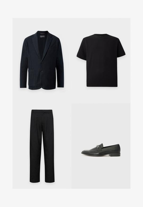 Blazer preto masculino com lapelas em bico, dois botões, dois bolsos frontais de patch e um bolso de peito com aba, exibido em um fundo branco.; T-shirt preta de mangas curtas feita de tecido texturizado, com decote redondo e um corte descontraído. Simples, sem padrões ou detalhes.; Calças pretas feitas de tecido suave, com um design de perna reta, dois pregas frontais e uma cintura padrão com passantes para cinto.; Sapatilha de couro preta com um acabamento suave, apresentando um design cosido e um detalhe decorativo de corrente de metal atravessando o peito do pé. Salto baixo.