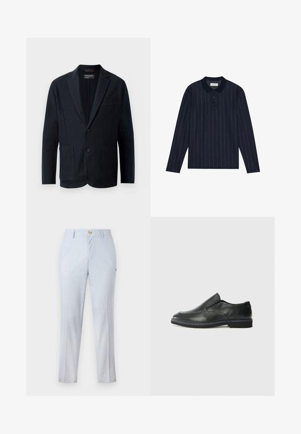 Blazer nero da uomo con rever a punta, due bottoni, due tasche anteriori applicate e una tasca a filetto sul petto, esposto su uno sfondo bianco.; Polo a maniche lunghe di colore navy con collo a camicia, caratterizzato da sottili righe verticali e una chiusura con tre bottoni. Tessuto morbido.; Pantaloni blu chiaro realizzati in tessuto tessuto, con una vestibilità classica, gamba dritta, tasche frontali e chiusura con bottone. Dettaglio di pattern sottile.; Scarpa nera in pelle con inserto scivolare, superiore liscio, dettagli cuciti, punta arrotondata e tacco in gomma basso. La suola presenta un battistrada minimale.