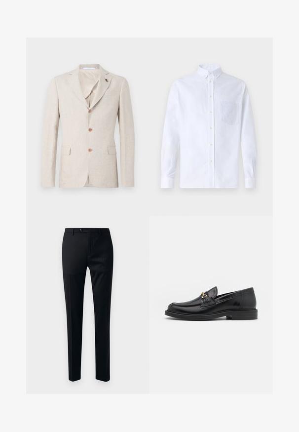 Beżowa lniana marynarka z klapami, trzema brązowymi guzikami i dwoma przednimi kieszeniami. Wnętrze podszewkowane jasnym materiałem, gładka tekstura.; Biała koszula z długim rękawem na guziki, wykonana z bawełny, z kieszonką na piersi z tonowym haftem, kołnierzykiem i zapięciem na guziki przy mankietach.; Czarne spodnie materiałowe o gładkiej tkaninie, zwężającym się kroju nogawki, z jedynym zapięciem na guzik oraz bocznymi kieszeniami dla wygody.; Czarne skórzane loafersy z zaokrąglonym noskiem, z ozdobnymi złotymi akcentami i detalami szycia, osadzone na niskiej, teksturowanej gumowej podeszwie.