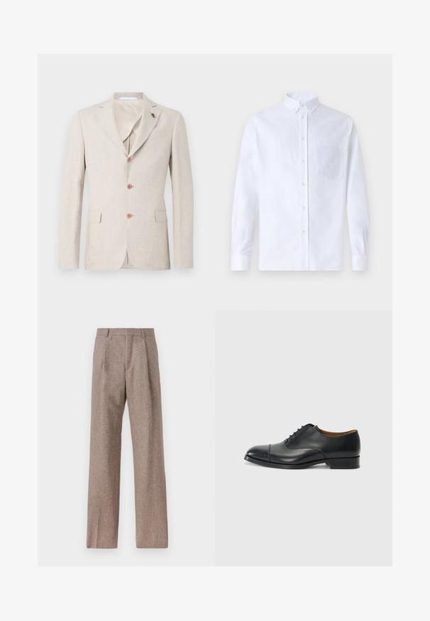 Bézs len blézer kifordított hajtókával, három barna gombbal és két elülső zsebbel. Belső bélés világos anyaggal, sima tapintású.; Fehér, hosszú ujjú, gombos ing pamutból, mellzsebbel, tónusos hímzéssel, gallérral és gombos mandzsettával.; Barna, magas derekú nadrág texturált anyagból. Széles szárai és két elülső redője biztosítja a struktúrát. Ízléses kivitel, látható fémszerelés nélkül.; Fekete bőr dress cipő sima felülettel, lekerekített orral, öt fűzőlyukkal és alacsony blokksarkal. Minimalista dizájn, finom varrásokkal.