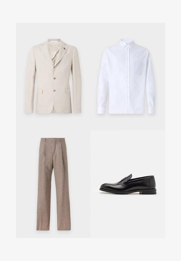 Beiger Leinenblazer mit Reverskragen, drei braunen Knöpfen und zwei Vorderaschen. Innenfutter aus leichtem Stoff, glatte Textur.; Weißes Langarm-Hemd mit Knöpfen aus Baumwolle, ausgestattet mit einer Brusttasche mit tonalem Stickerei, einem Kragen und Knopfmanschetten.; Braune, hochtaillierte Hose aus strukturiertem Stoff. Mit weitem Bein und zwei vorderen Bügelfalten für zusätzliche Form. Saubere Verarbeitung ohne sichtbare Hardware.; Schwarze Lederloafers mit glatter Textur, rundem Zehenbereich und einem dekorativen Riemen über dem Vorderfuß. Niedriger, gestapelter Absatz, minimalistisches Design.