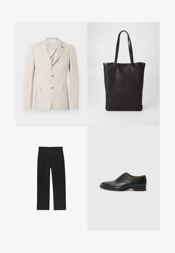 Béžový lněný blejzr s klopami, třemi hnědými knoflíky a dvěma předními kapsami. Vnitřek podšitý jemnou tkaninou, hladká textura.; Bílé triko z bavlny s krátkým rukávem, kulatým výstřihem, volným střihem a bez viditelných log či vzorů. Hladká textura a minimalistický design.; Černé kalhoty s rovnými nohavicemi, vyrobené z hladké tkaniny. Mají přední záhyby a jedno knoflíkové zapínání v pase.; Černé kožené společenské boty s hladkým povrchem, zaoblenou špičkou, pěti očky pro tkaničky a nízkým blokovým podpatkem. Minimalistický design s jemným švem.; Černá plátěná taška s černými koženými uchy. Jednoduchý design, prostorné tělo a hladký povrch. Žádné viditelné loga ani vzory.; Stříbrné čtvercové hodinky s bílým ciferníkem, černými římskými číslicemi a textem "ODOLNÉ VŮČI VODĚ". Černý kožený řemínek s texturovaným povrchem.