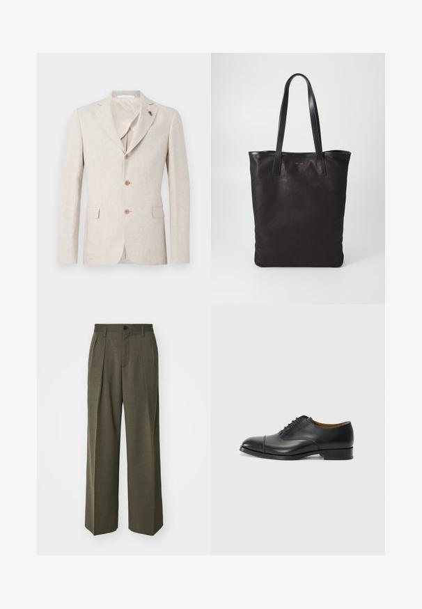 Bézs len blézer kifordított hajtókával, három barna gombbal és két elülső zsebbel. Belső bélés világos anyaggal, sima tapintású.; Fekete, rövid ujjú, oversize póló kerek nyakkivágással és látható Filippa K márkacédulával a gallér belső részén.; Filippa K WIDE TROUSERS - Nadrágok - driftwood; Fekete bőr dress cipő sima felülettel, lekerekített orral, öt fűzőlyukkal és alacsony blokksarkal. Minimalista dizájn, finom varrásokkal.; Fekete vászontáska fekete bőr füllel. Egyszerű dizájn, tágas test és sima textúra. Nincsenek látható logók vagy minták.