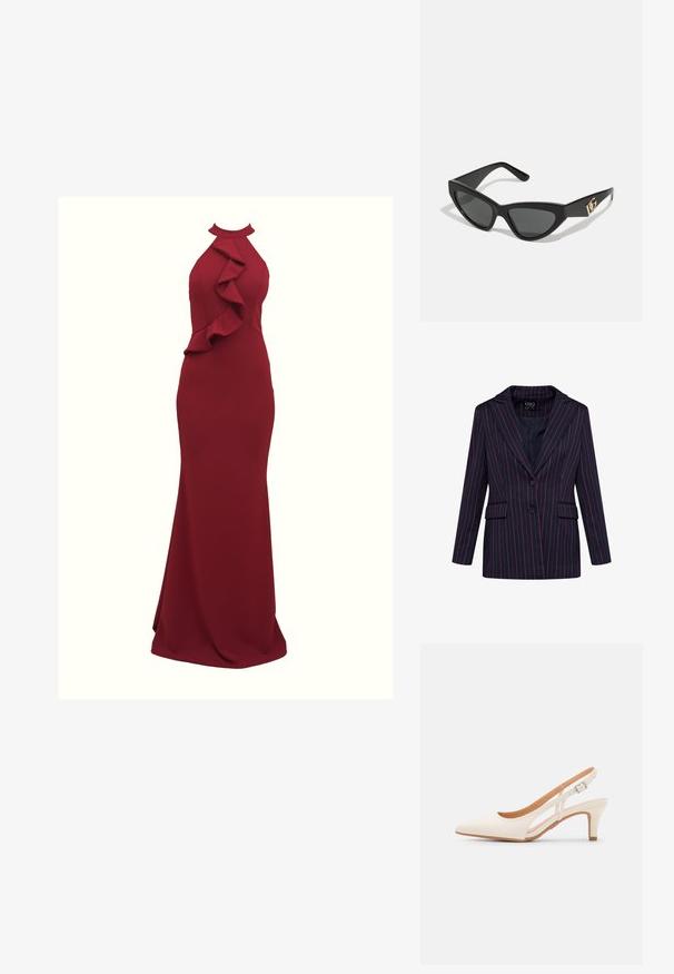 Navy blazer met dunne roze strepen, twee voorzakken, spitse revers en een enkele knoopsluiting. Glad materiaal met een getailleerde pasvorm.; Bordeaux halterjurk met ruches aan de zijkant; aansluitende silhouet; gemaakt van gladde, rekbare stof; vloerlange ontwerp.; Witte slingback hak met een spitse neus, glad bovenmateriaal, lage blokhak en een design met uitsparingen aan de zijkant, voorzien van een verstelbare gespsluiting.; Cat-eye zonnebrillen met een matte zwart plastic frame, donkere lenzen en een gouden logo-accent op de poot. Hoekig ontwerp en een soepele textuur.; Michael Kors polsbandje in beige gecoate canvas met een herhaald MK-logo patroon, gouden hardware en een afneembare kettingriem.