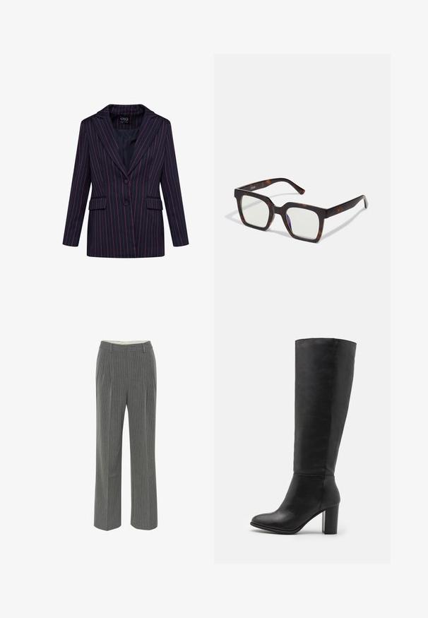 Giacca navy con sottili righe rosa, due tasche frontali, revers a punta e chiusura con un solo bottone. Tessuto liscio con vestibilità sartoriale.; Camicia bianca con colletto a punta, maniche lunghe e un piccolo logo blu sul lato sinistro del petto. Realizzata in tessuto di cotone.; Pantaloni grigi a righe sottili con vestibilità sartoriale, fronte piatto e design a gamba larga. Realizzati in un tessuto liscio e leggero.; Stivali neri alti fino al ginocchio in pelle liscia, con tacco spesso e punta arrotondata. Design minimalista senza hardware o decorazioni visibili.; Occhiali da sole quadrati con montatura in acetato tartarugato e lenti trasparenti. Presentano tempie larghe e una finitura opaca, che migliora la durabilità complessiva.; Borsa a spalla in pelle crema con forma a mezzaluna, strap sottile e dettagli di cucitura delicati. Design minimalista con accenti in metallo dorato.