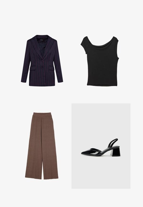 Námornícky blejzer s tenkými ružovými pruhmi, dvoma prednými vreckami, špicatými reverzami a jedným gombíkom na zapínanie. Hladká tkanina s priliehajúcim strihom.; Čierny krátky rukáv top vyrobený z hladkej tkaniny; má prehnutý výstrih a asymetrický lem, s priliehavým telom.; Široké nohavice vyrobené z texturovanej, rebrovanej tkaniny v teplej hnedej farbe. Disponujú bezšvíkovým pásom a splývavým strihom.; Čierne lakované kožené sandálové podpätky s špicatou špičkou a geometrickým blokovým podpätkom. Disponujú elegantným, minimalistickým dizajnom a hladkým povrchom.